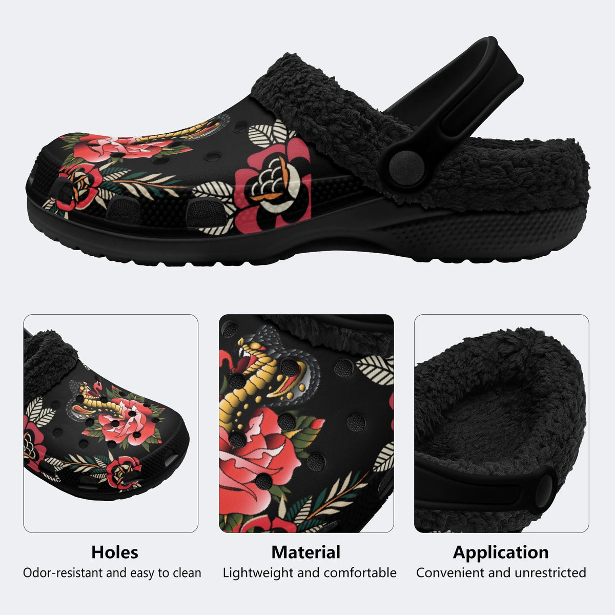 Cobra&Flowers Print - Fur Lined Slippers/Sandals