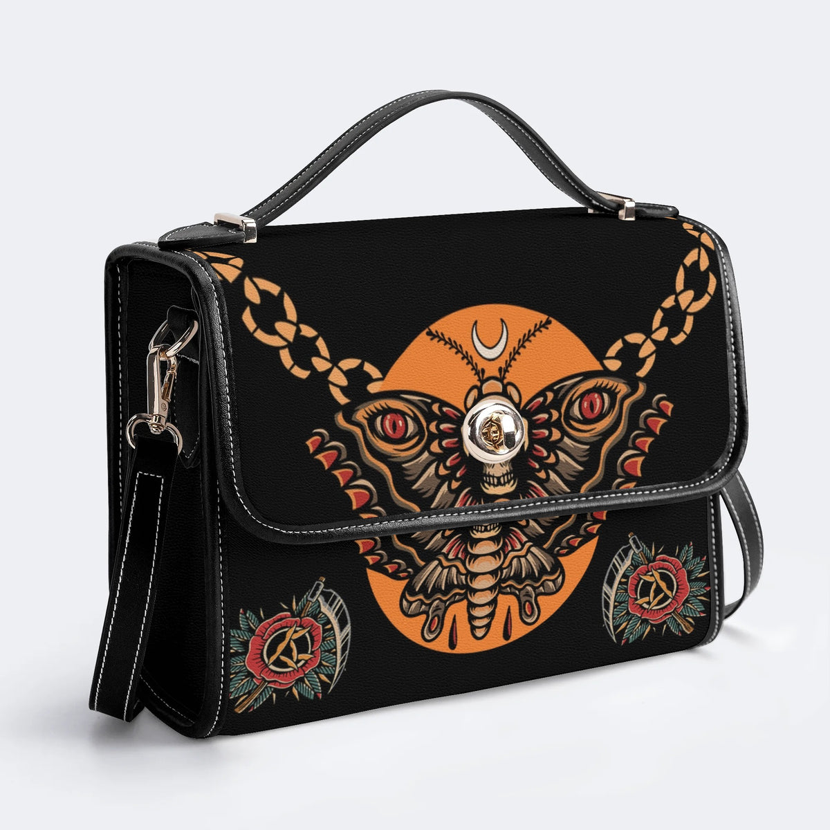 Retro Eclipse Death Moth Print - Leather Satchel Bag