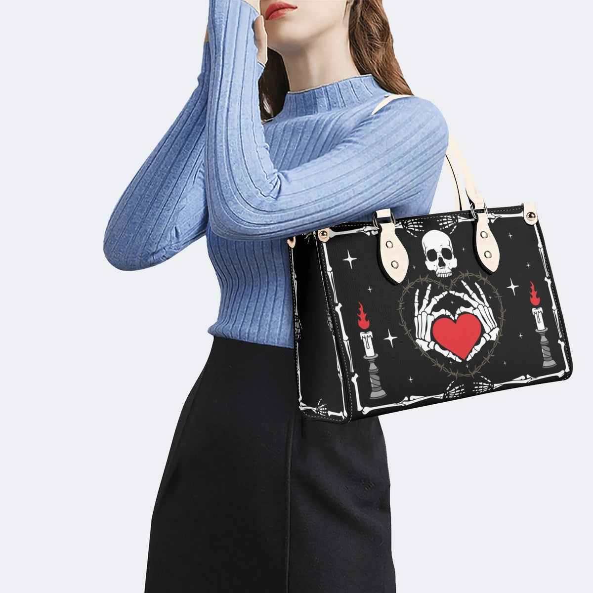 Retro Skull Heart Print - Leather Handbag