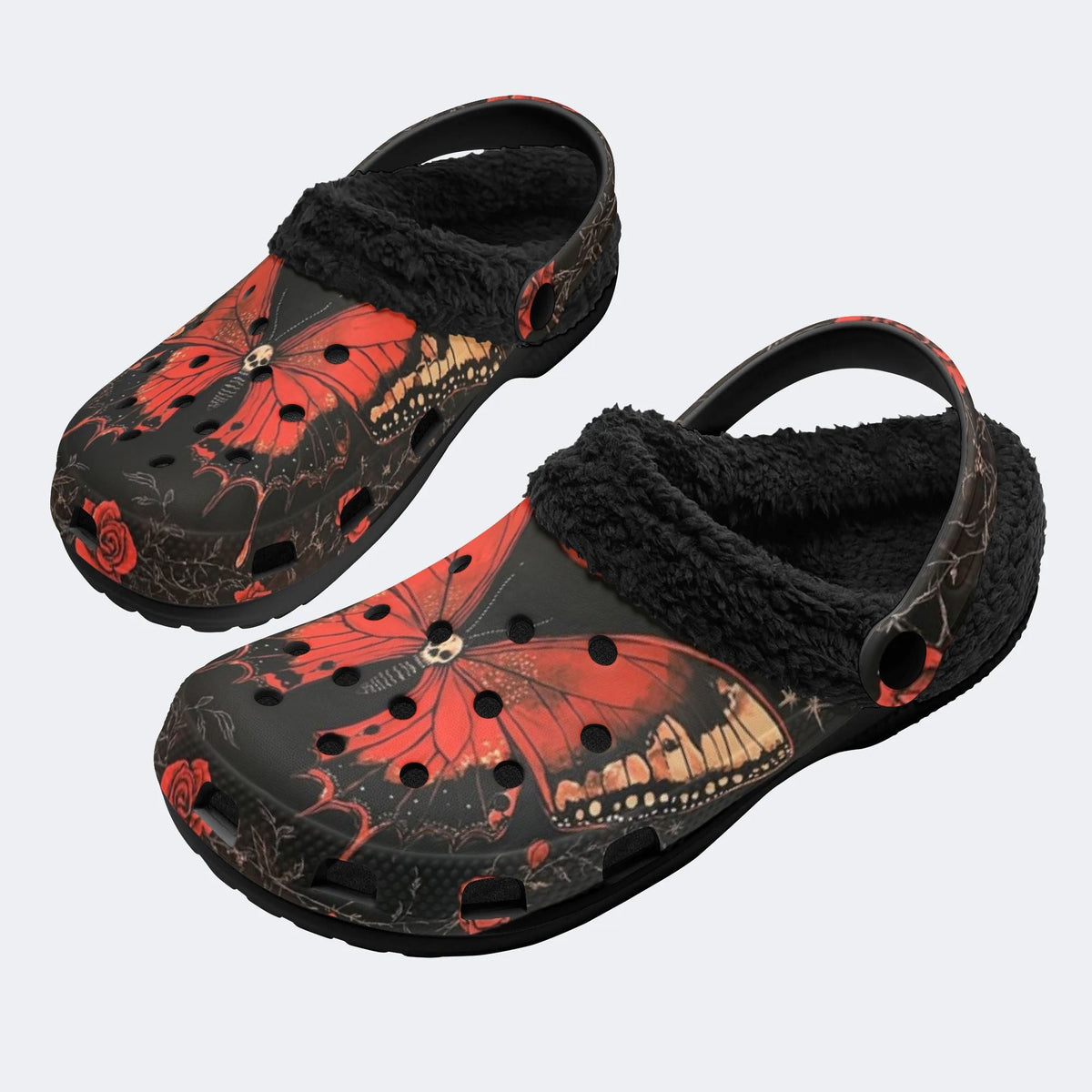 Skull Butterfly Rose - Fur Lined Slippers/Sandals