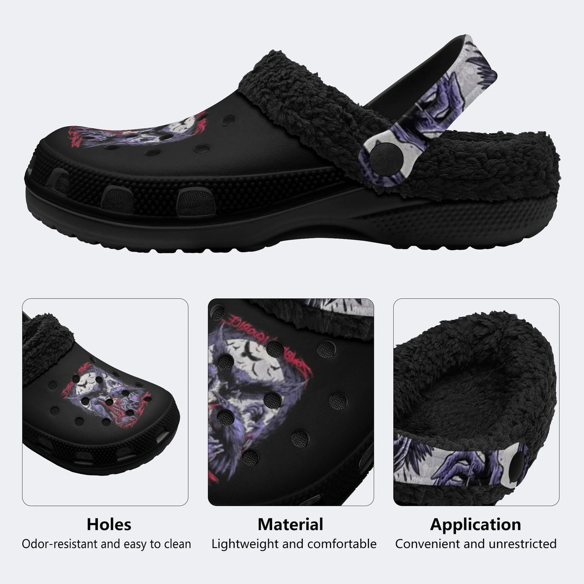 Punk Skull Crow Print - Fur Lined Slippers/Sandals