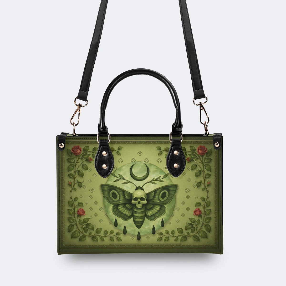 Green Death Moth Floral Print - Leather Handbag