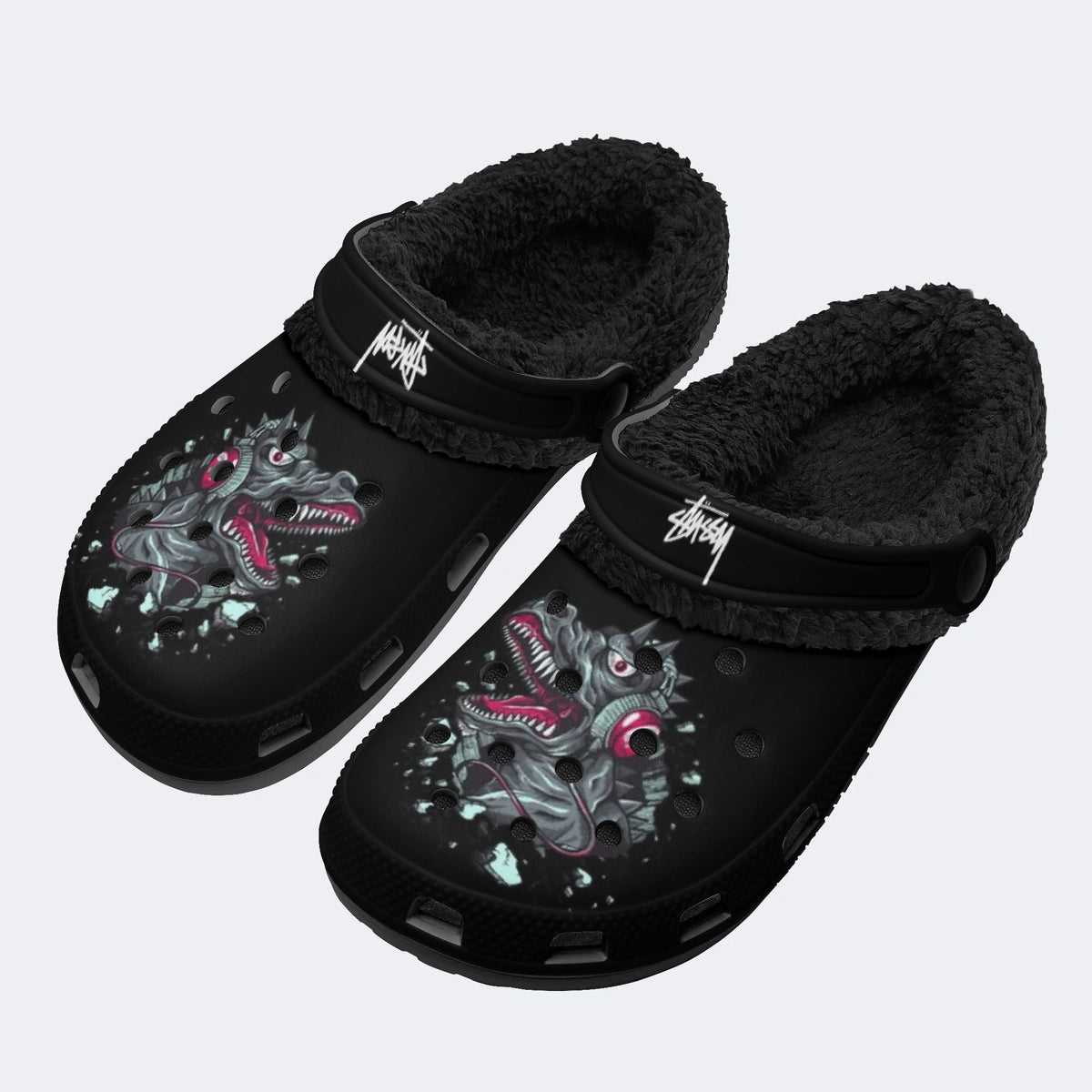 Punk Headphone Dinosaur - Fur Lined Slippers/Sandals