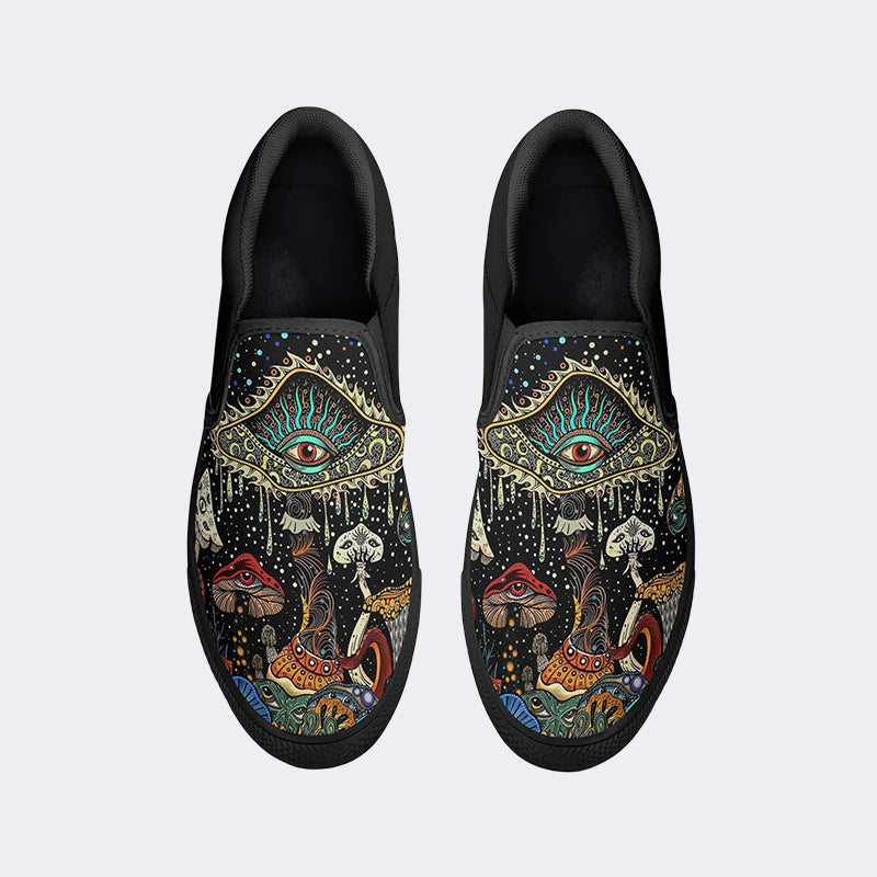 Retro Dark Mushroom Eyes Halloween Print - Slip On Shoes