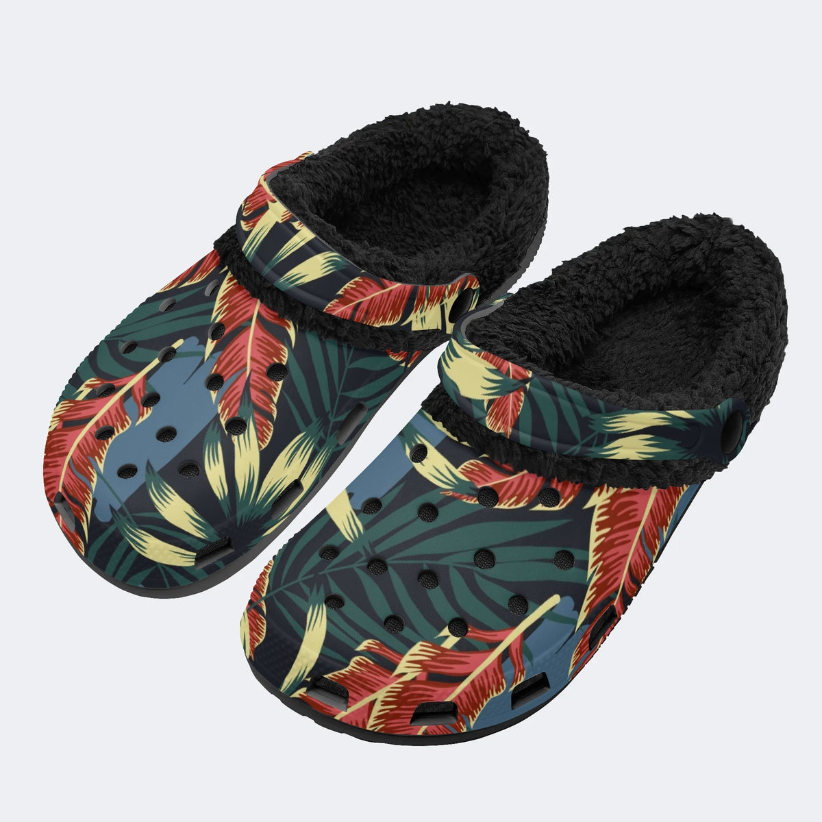 Unisex Leaves Print - Fur Lined Slippers/Sandals