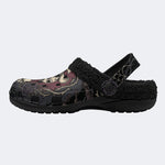 Gothic Cowboy Skeleton Thorn Rose Spider Web Cross‑Fur Lined Slippers/Sandals