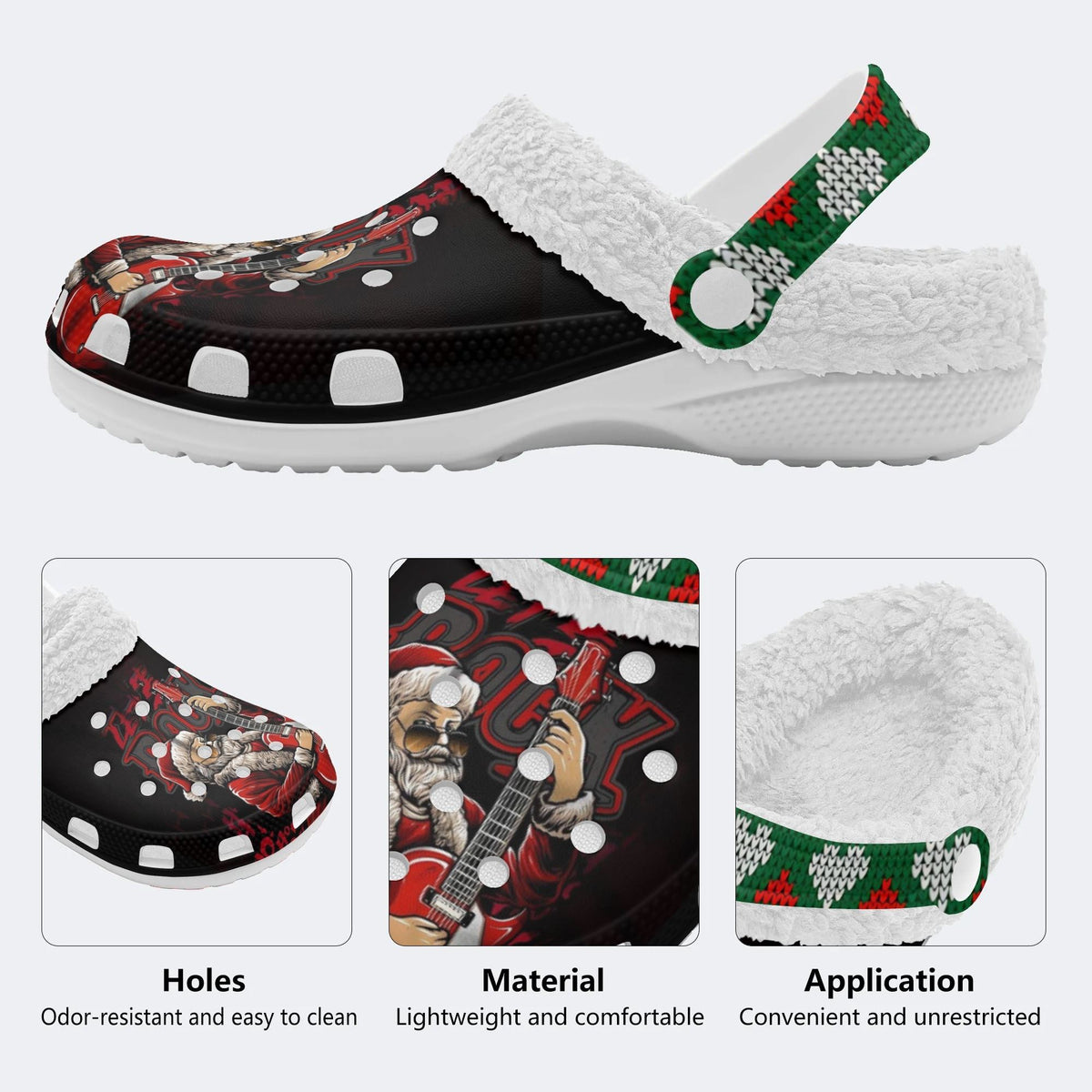 Rockin' Santa Claus Print - Fur Lined Slippers/Sandals