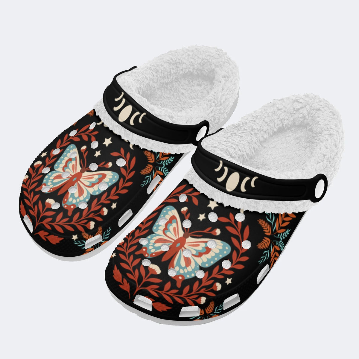 Moth And Leaf Print - Fur Lined Slippers/Sandals
