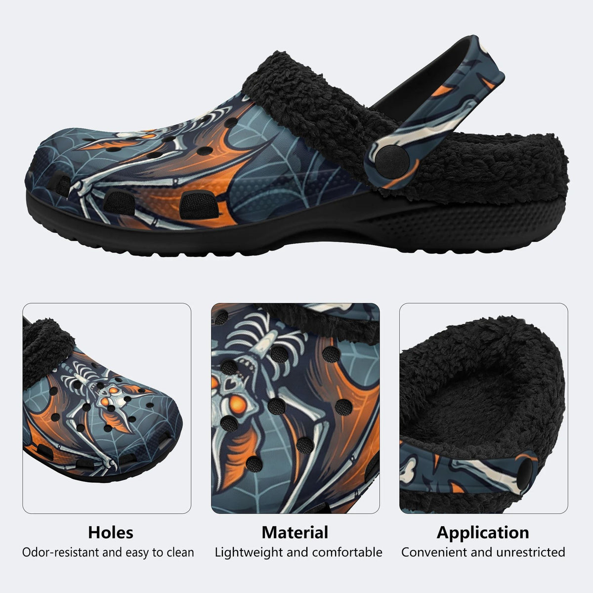 Gothic Skeleton Bat Spider Web - Fur Lined Slippers/Sandals