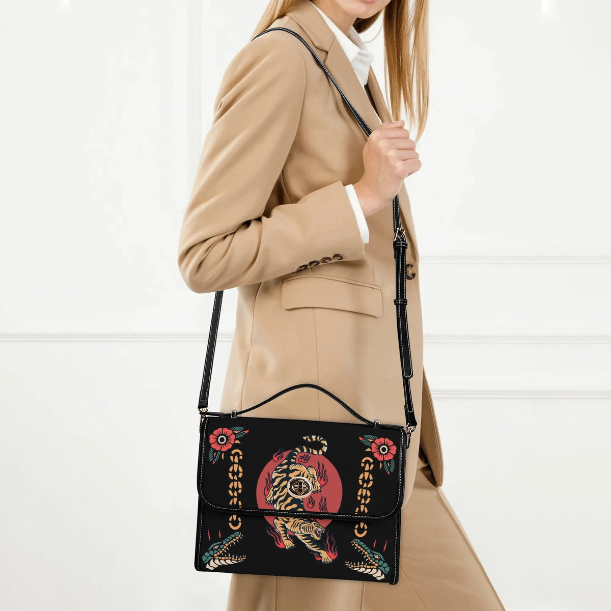 Old School Tiger & Crocodile Print - Leather Satchel Bag