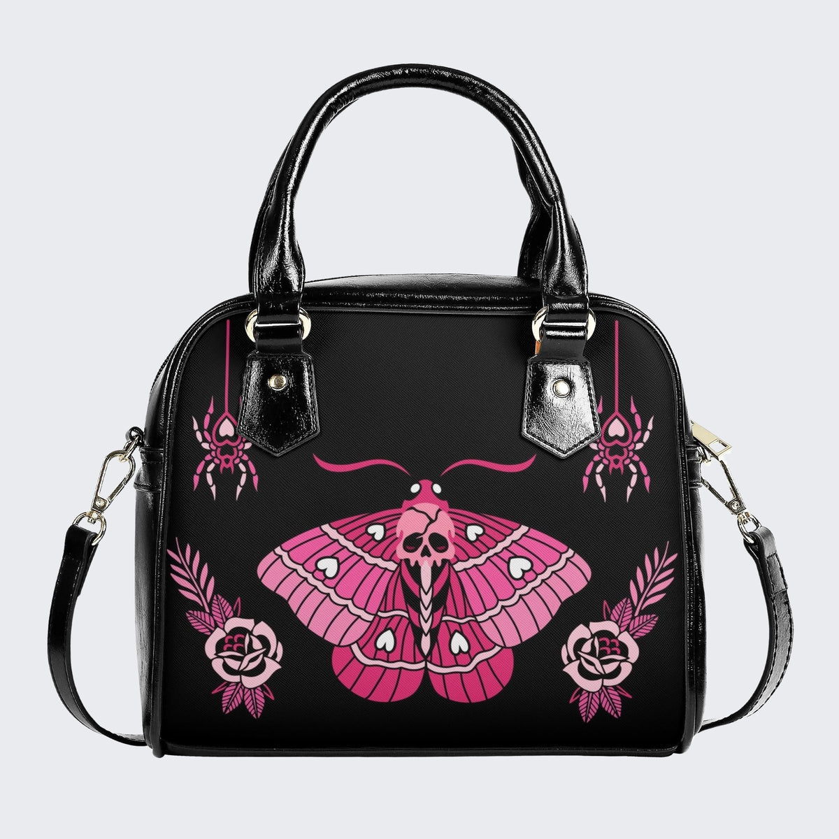 Pink Death Moth Print - Leather Shoulder Handbag
