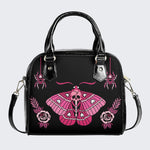 Pink Death Moth Print - Leather Shoulder Handbag