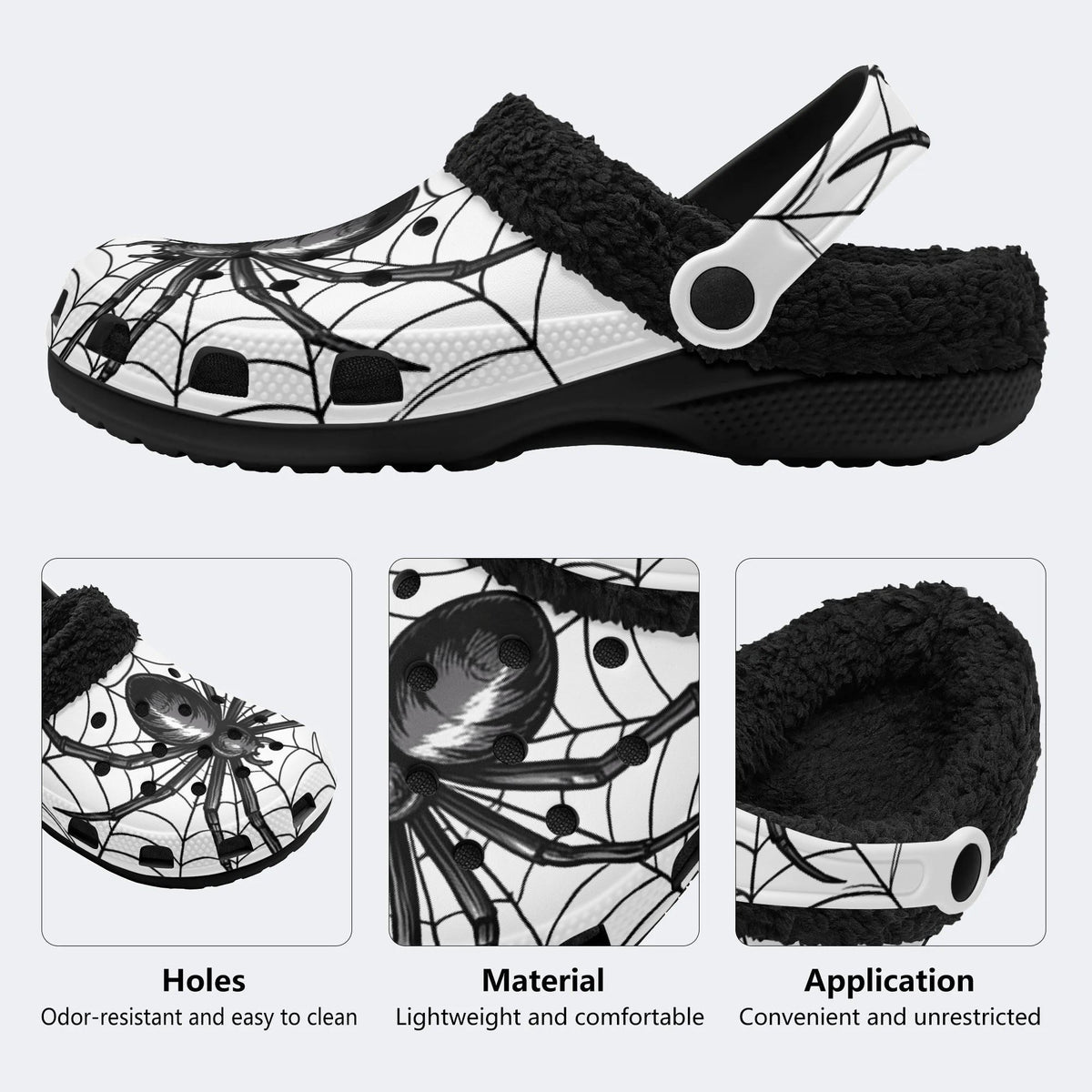 Gothic Black Spider Spiderweb White Base - Fur Lined Slippers/Sandals