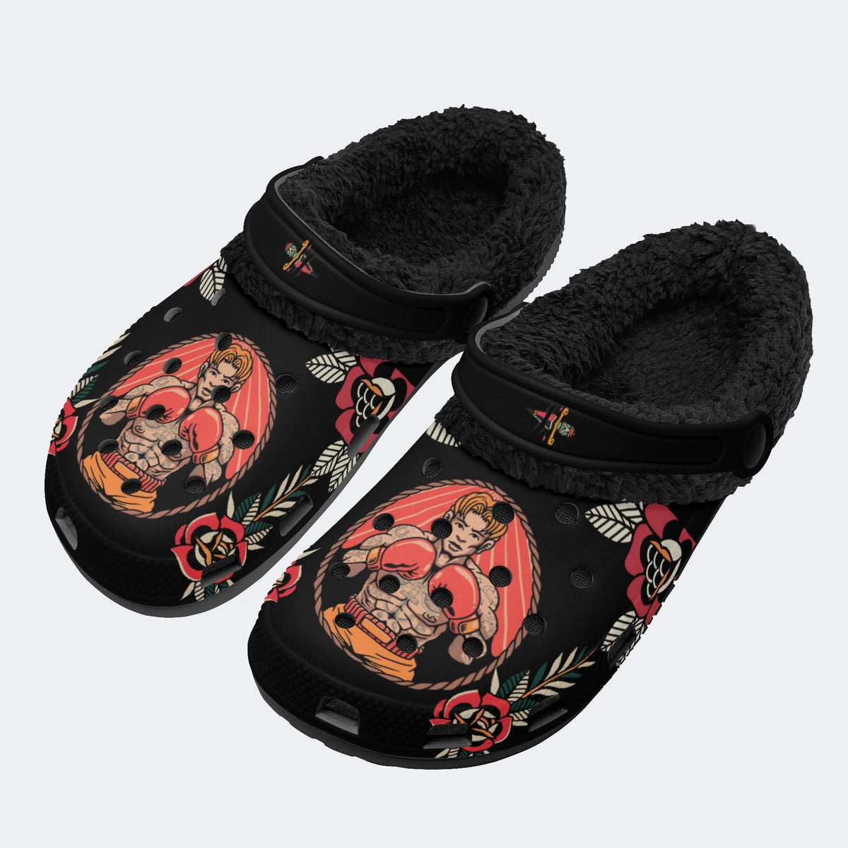 Boxing Man Print - Fur Lined Slippers/Sandals