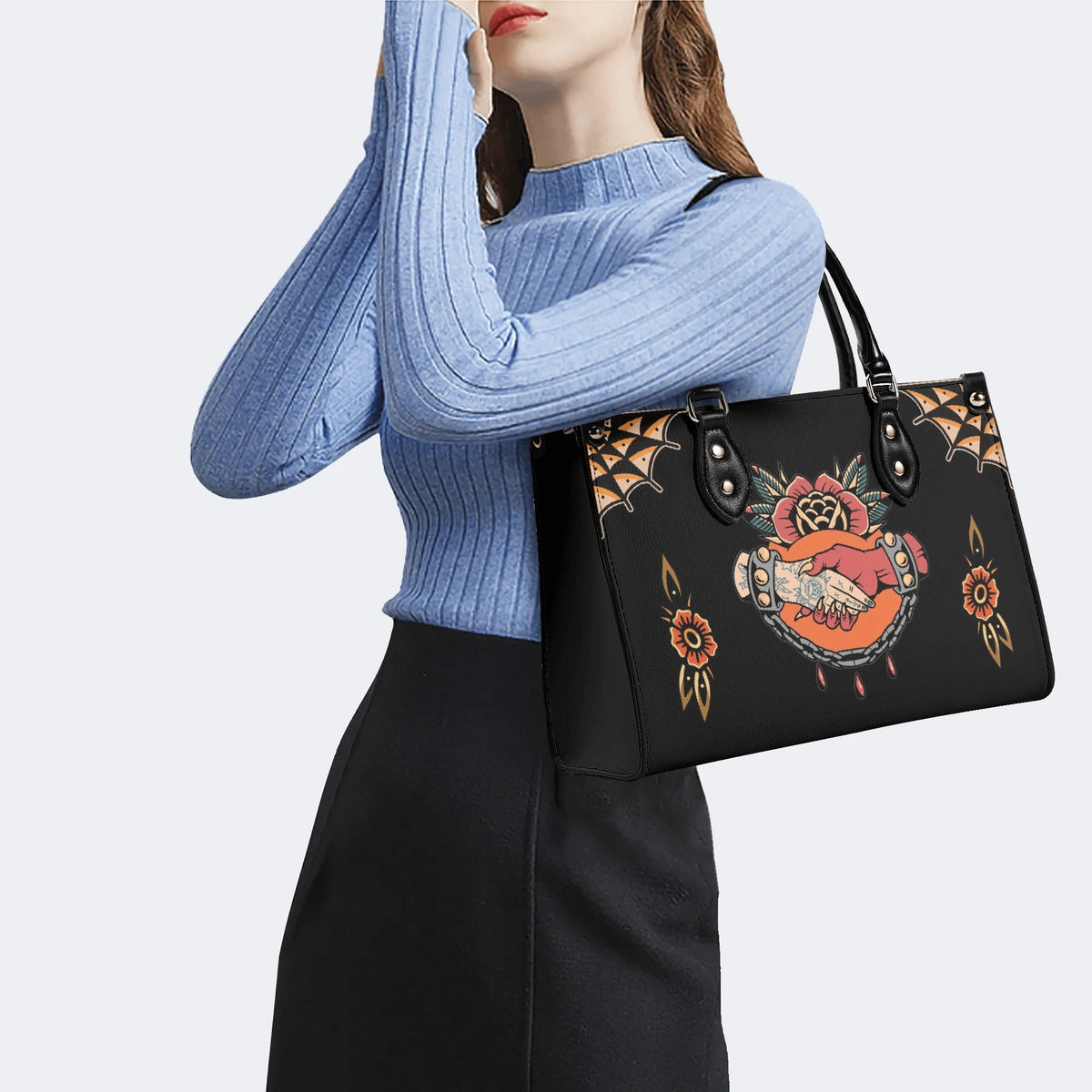 Shake Hands Print - Leather Handbag