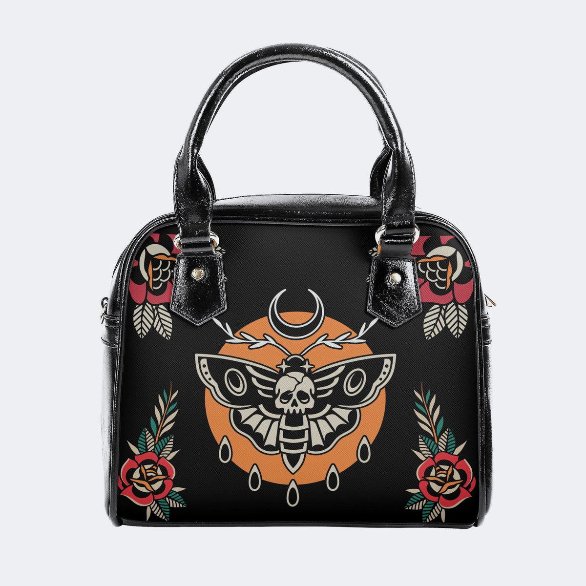 Death Moth Vintage Print - Leather Shoulder Handbag