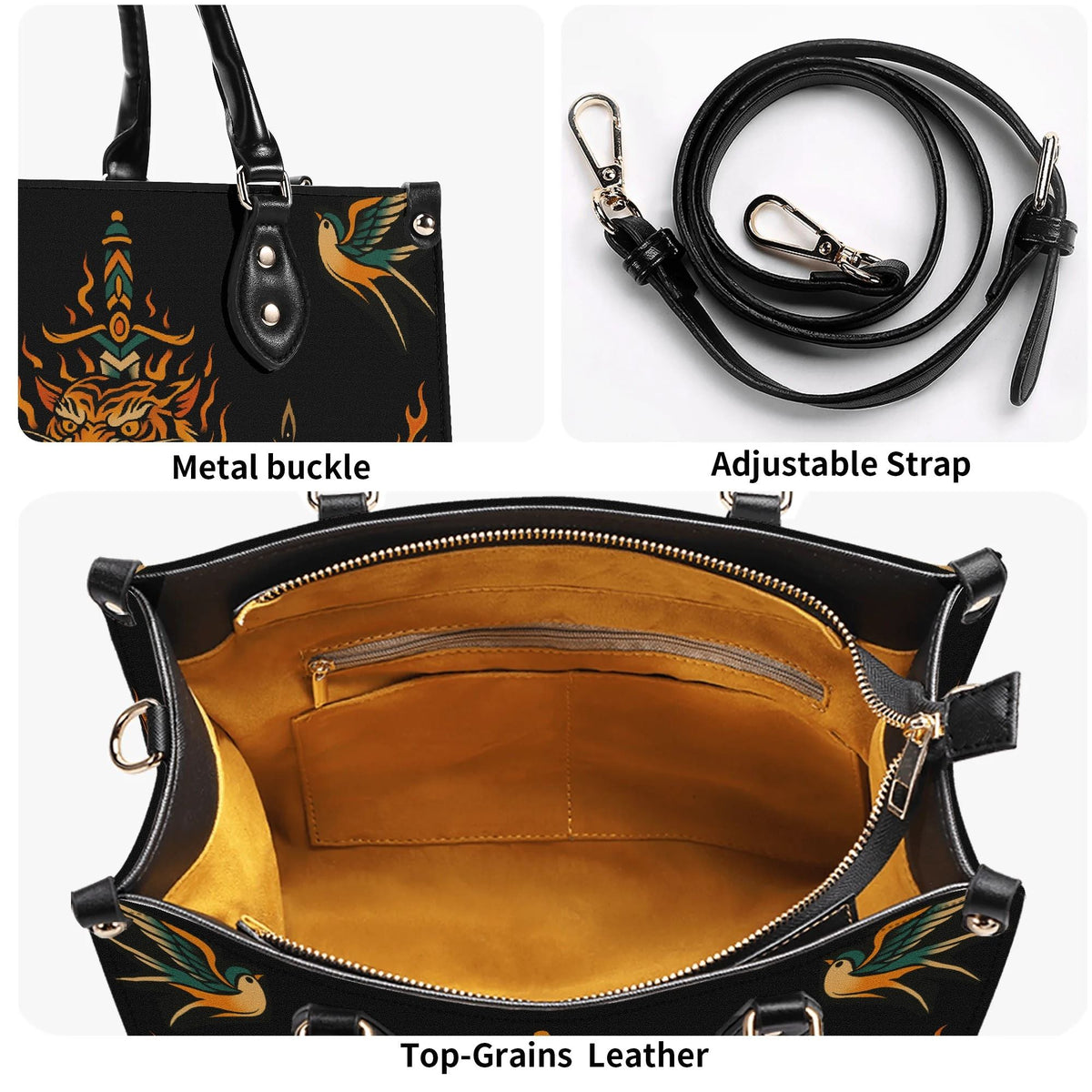 Old School Flame Tiger Print - Leather Handbag