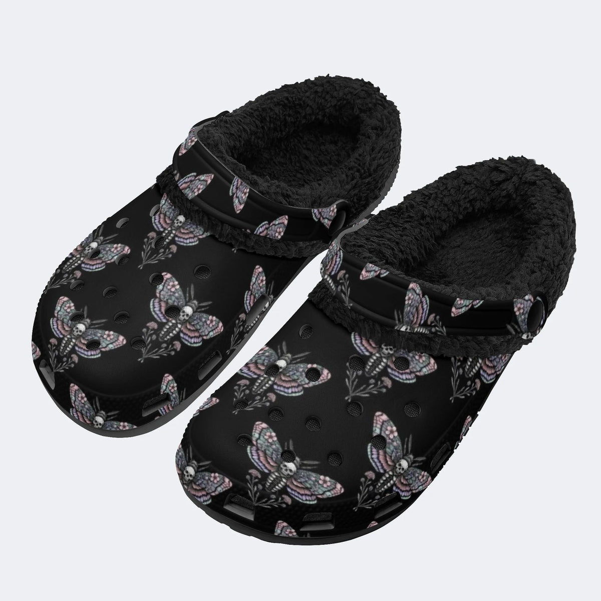 Gothic Skull Moth‑Fur Lined Slippers Sandals