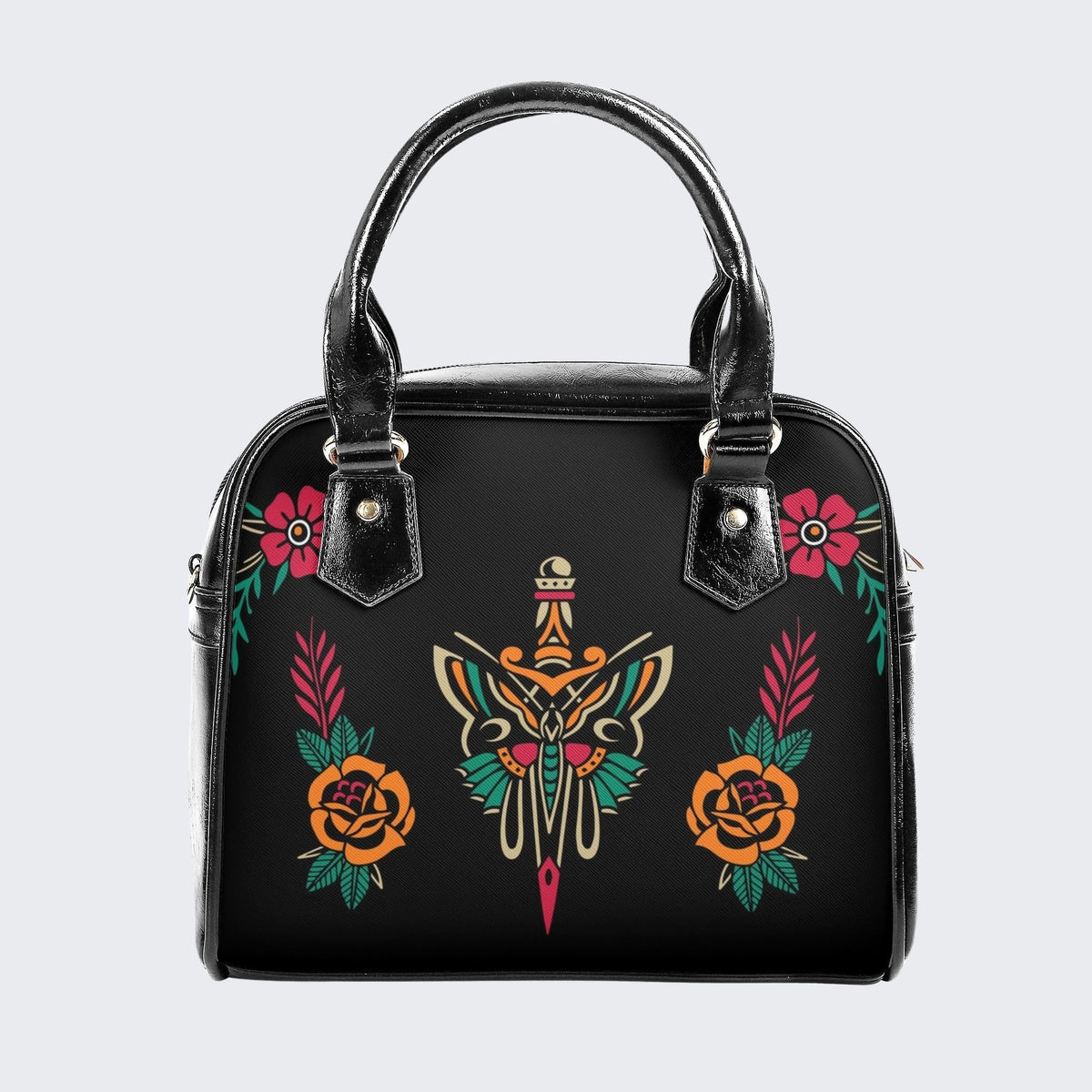Sword And Moth Print - Leather Shoulder Handbag