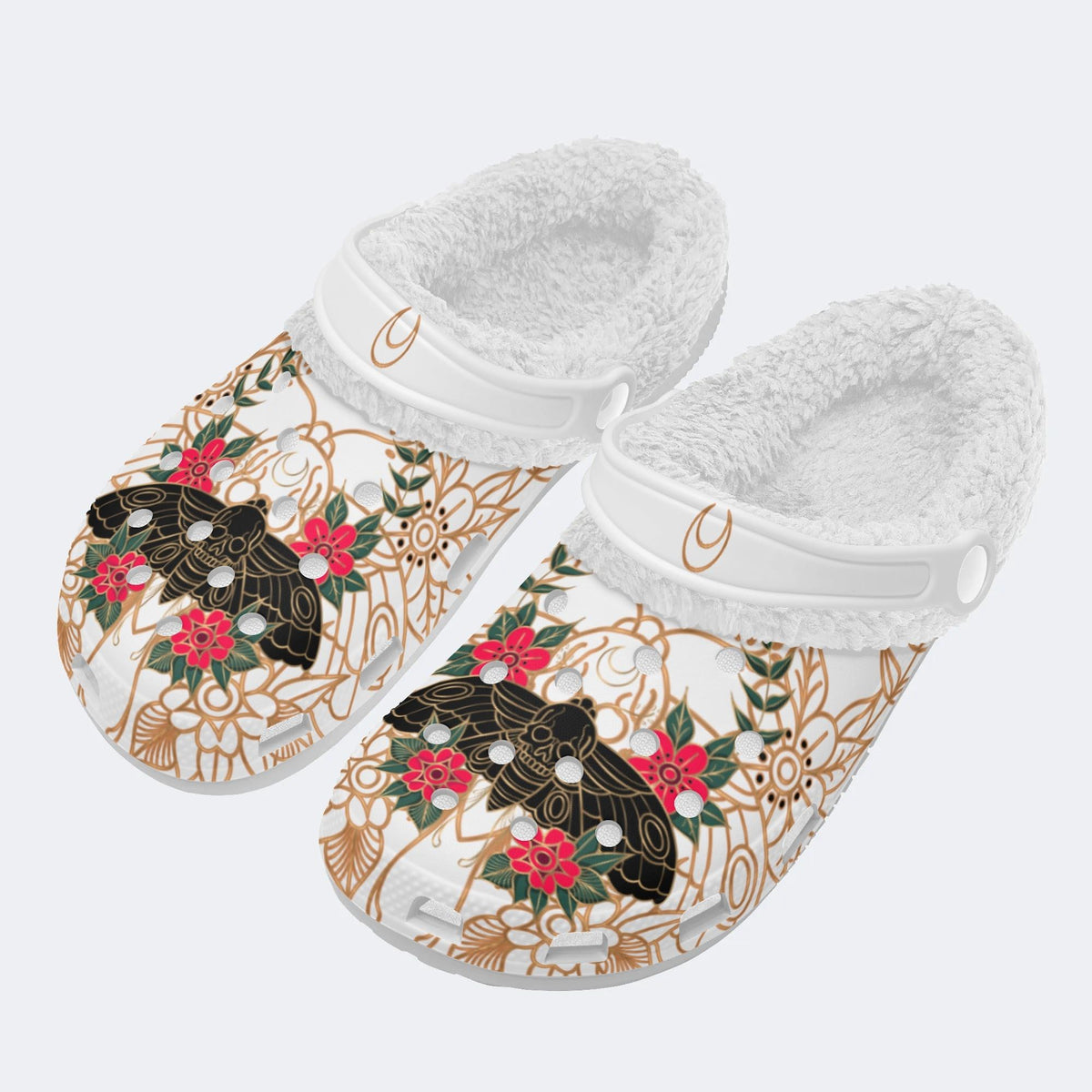 Old School Death Moth Print - Fur Lined Slippers/Sandals