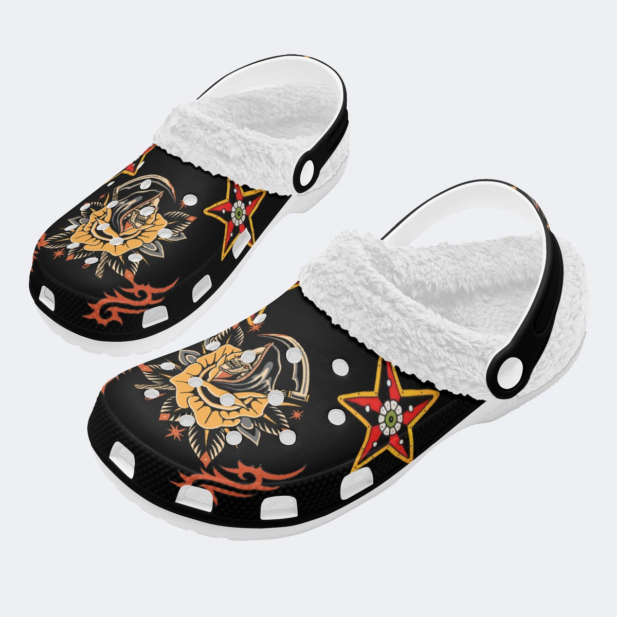 Grim Reaper Flowers Print - Removable Fur Lined Slippers/Sandals