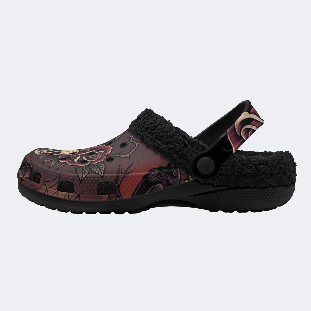 Gothic Skull Burgundy Rose Thorn Bat - Fur Lined Slippers/Sandals