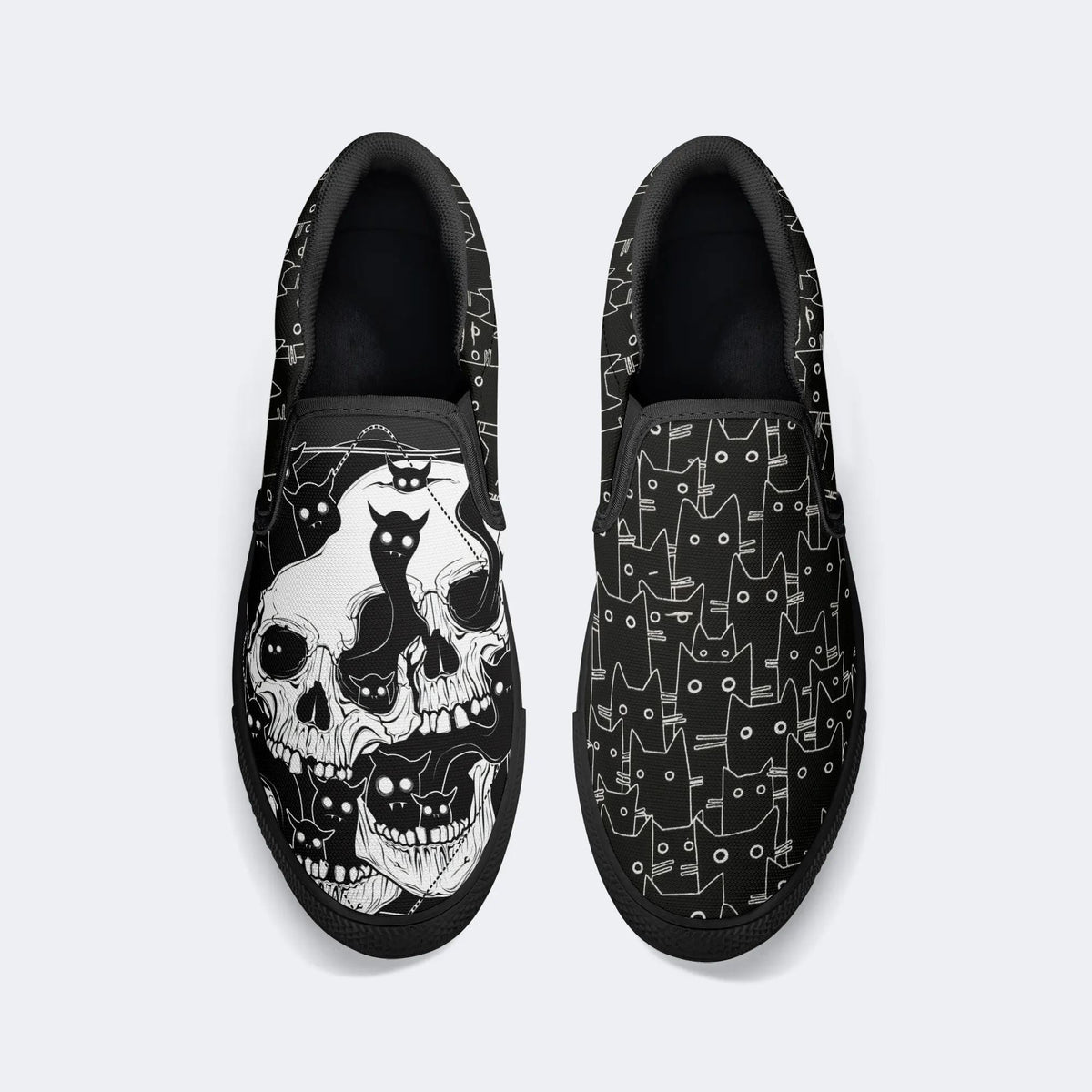 Skull&Black Cat Print - Slip On Shoes