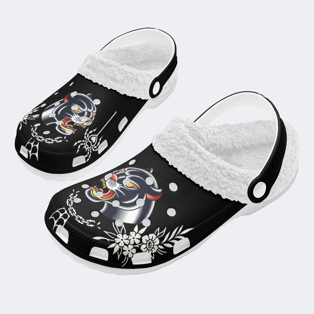 Angry Panther Print - Fur Lined Slippers/Sandals