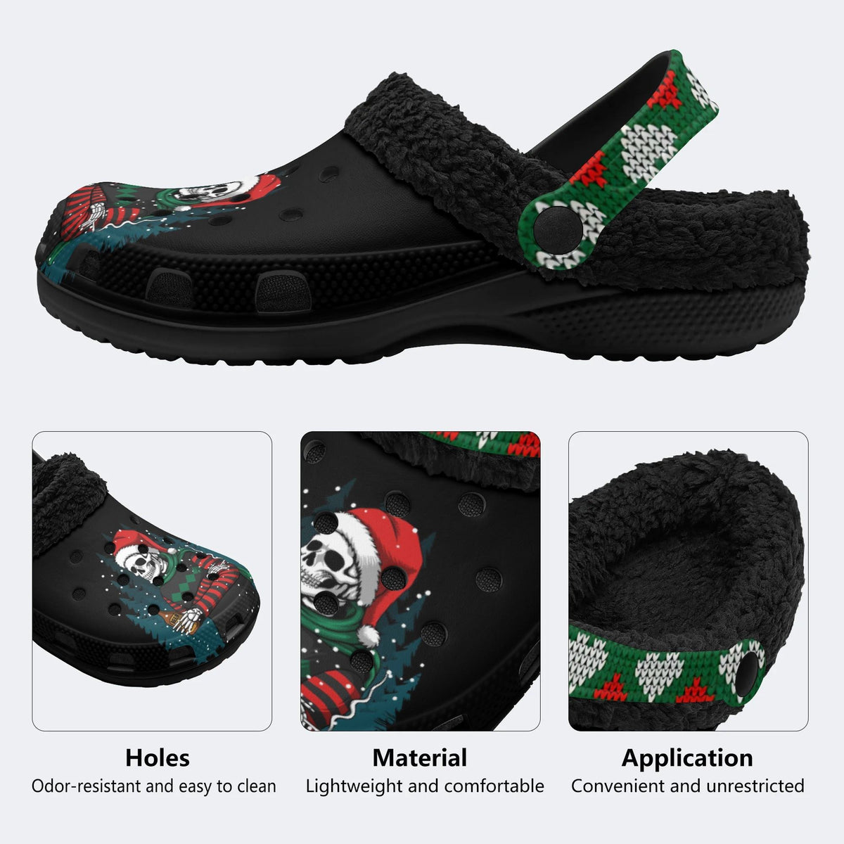 Horror Christmas Skull Print - Fur Lined Slippers/Sandals