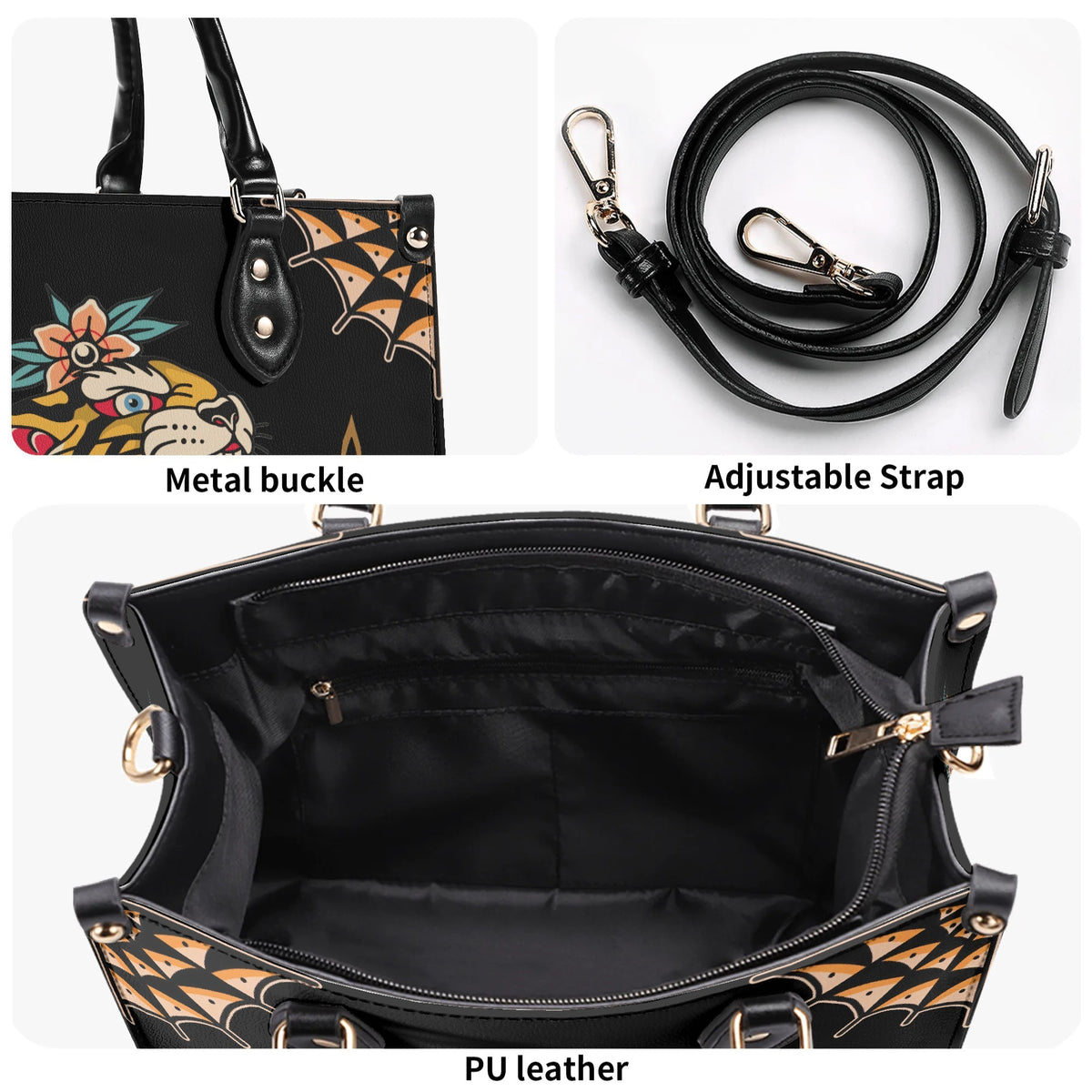 Flower Tiger Art Print - Leather Handbag