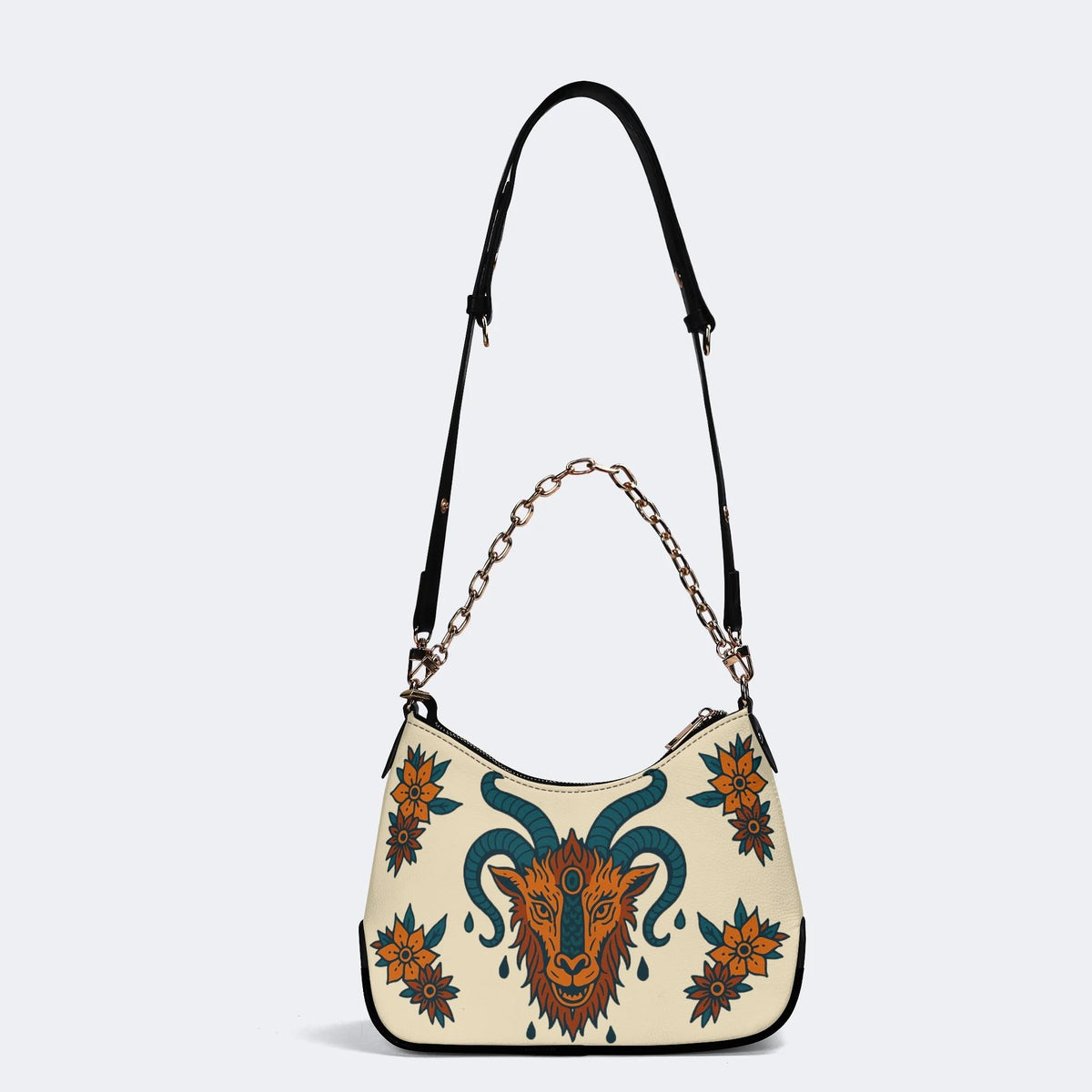Four-horned Sheep Head Print - Leather Crossbody Bag