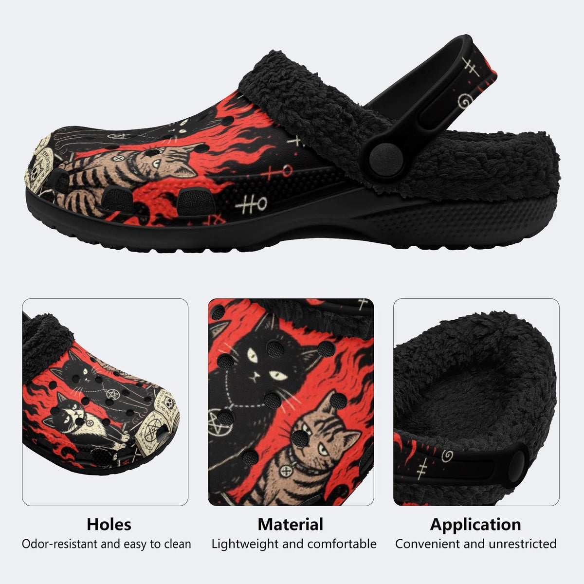 Gothic Occult Black Cat Spell Book Pentagram - Fur Lined Slippers/Sandals
