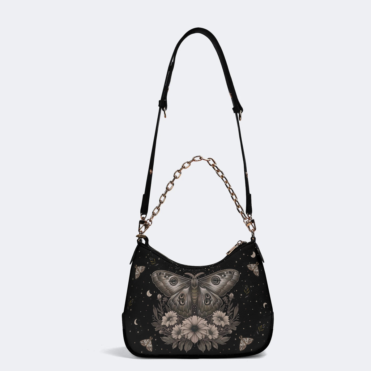 Retro Dark Moth Print - Leather Crossbody Bag