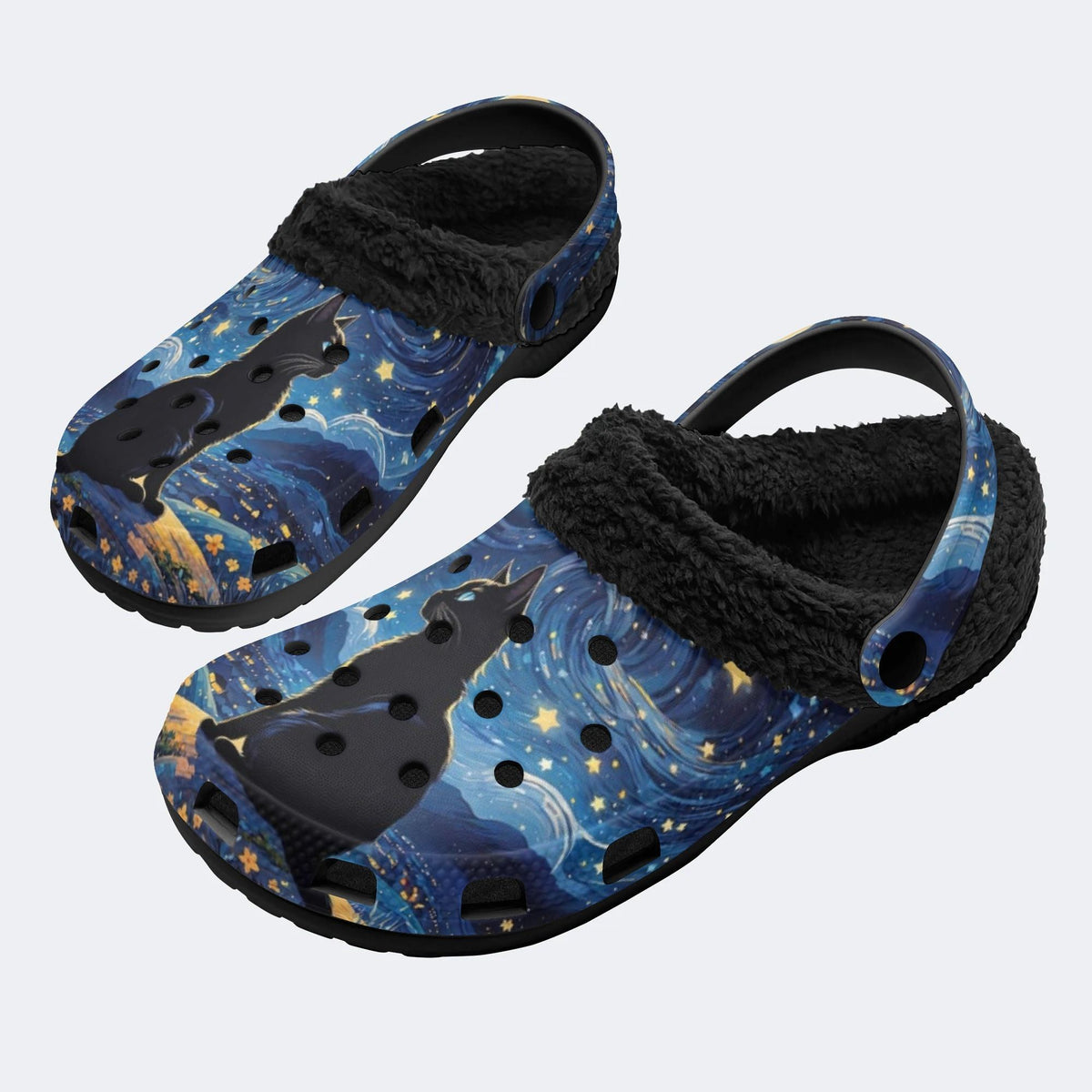 Van Gogh Black Cat - Fur Lined Slippers/Sandals