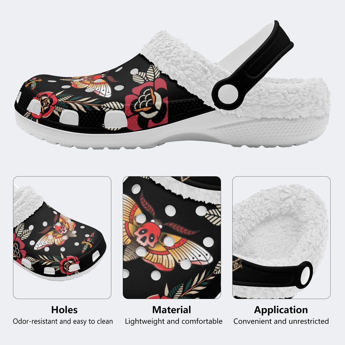 Horror Death Moth Print - Fur Lined Slippers/Sandals