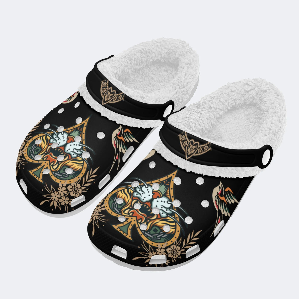 Tiger Face In Spade Frame Print - Fur Lined Slippers/Sandals