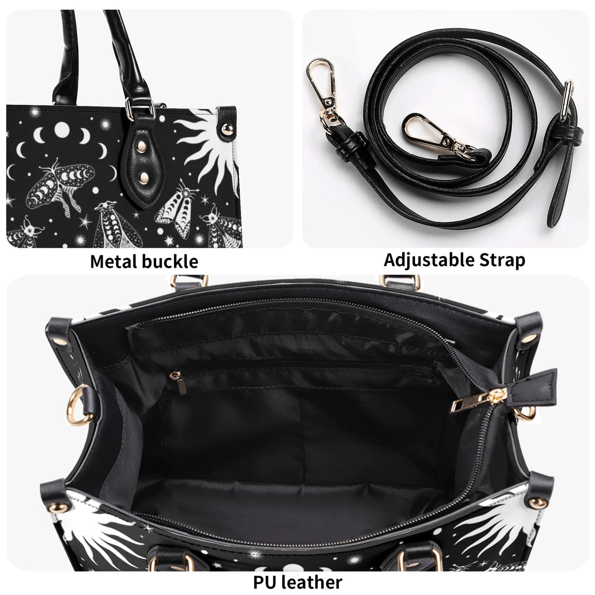 Vintage Dark Moth Print - Leather Handbag