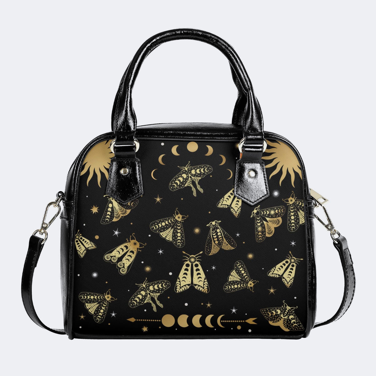 Vintage Dark Moth Print - Leather Shoulder Handbag