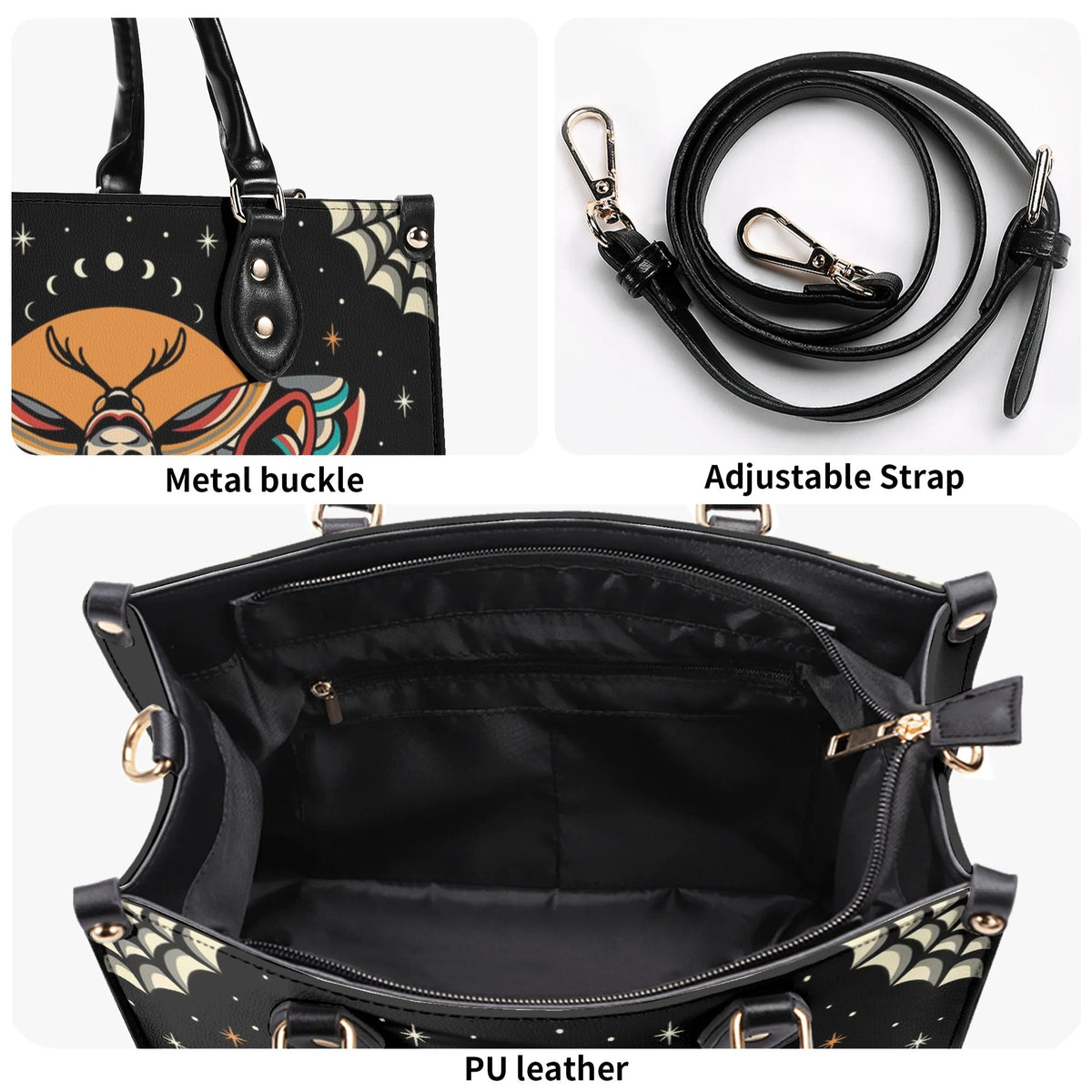 Old School Death Moth Vintage Print - Leather Handbag