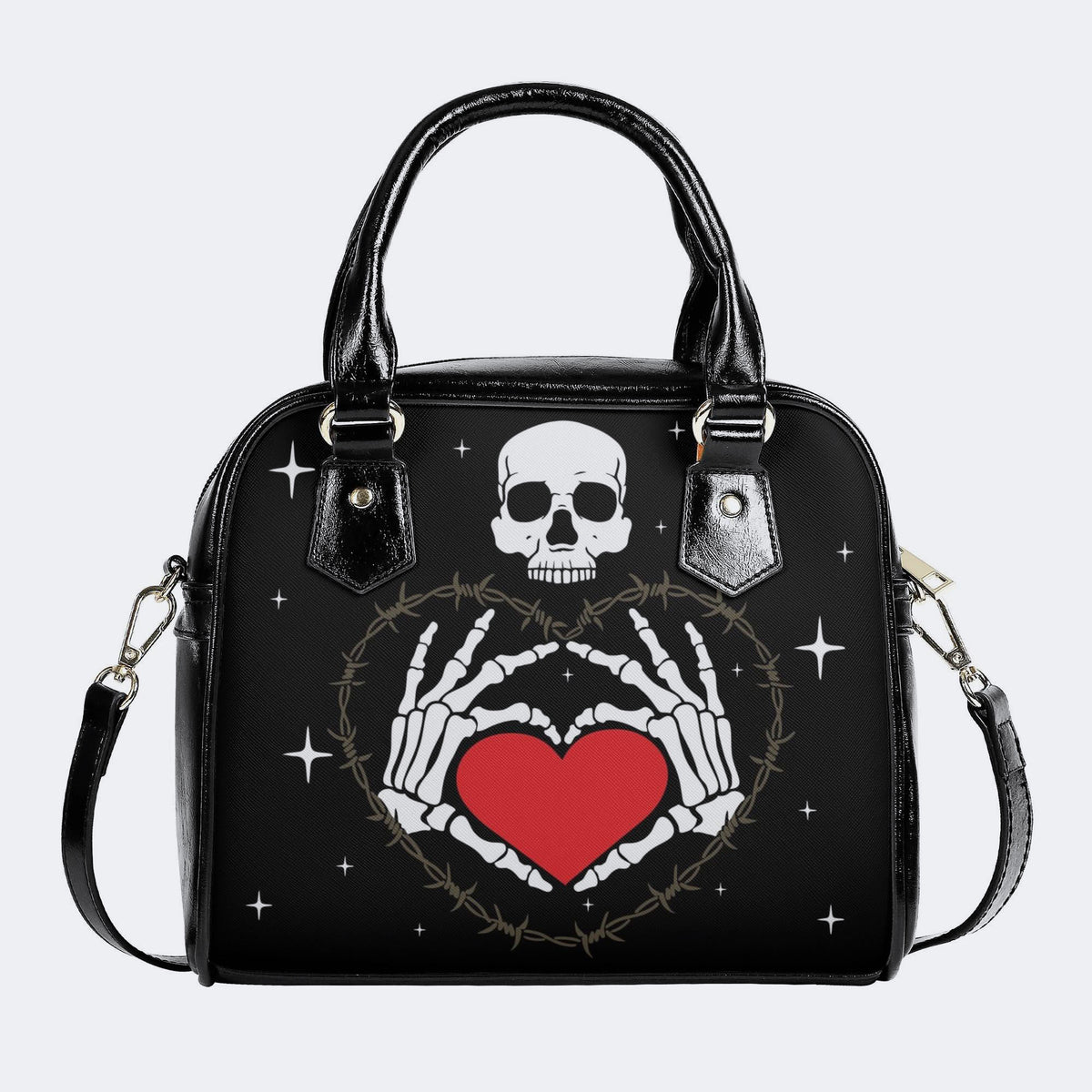 Retro Skull Heart Print - Leather Shoulder Handbag