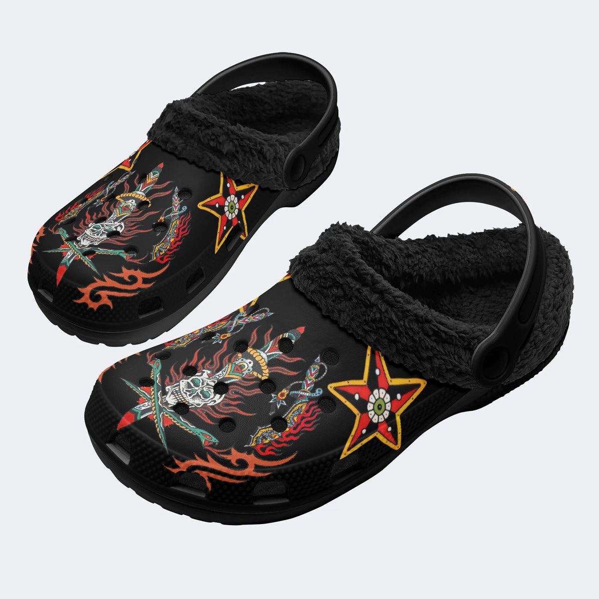 Flaming Skull Dagger Print - Fur Lined Slippers/Sandals