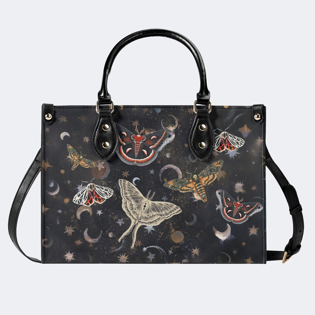 Retro Dark Moth Print - Leather Handbag