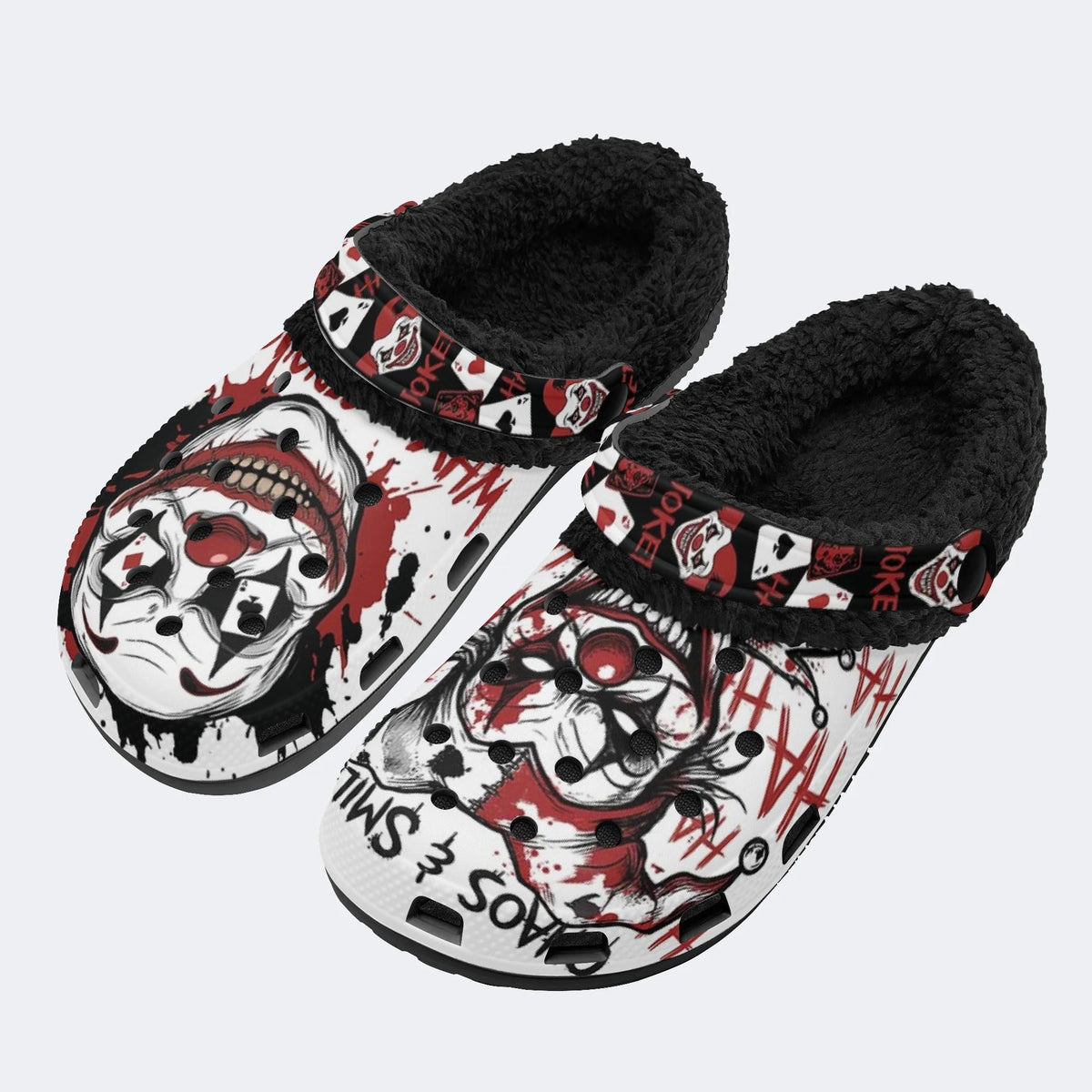 Gothic Evil Clown Playing Cards Blood Splatter - Fur Lined Slippers/Sandals