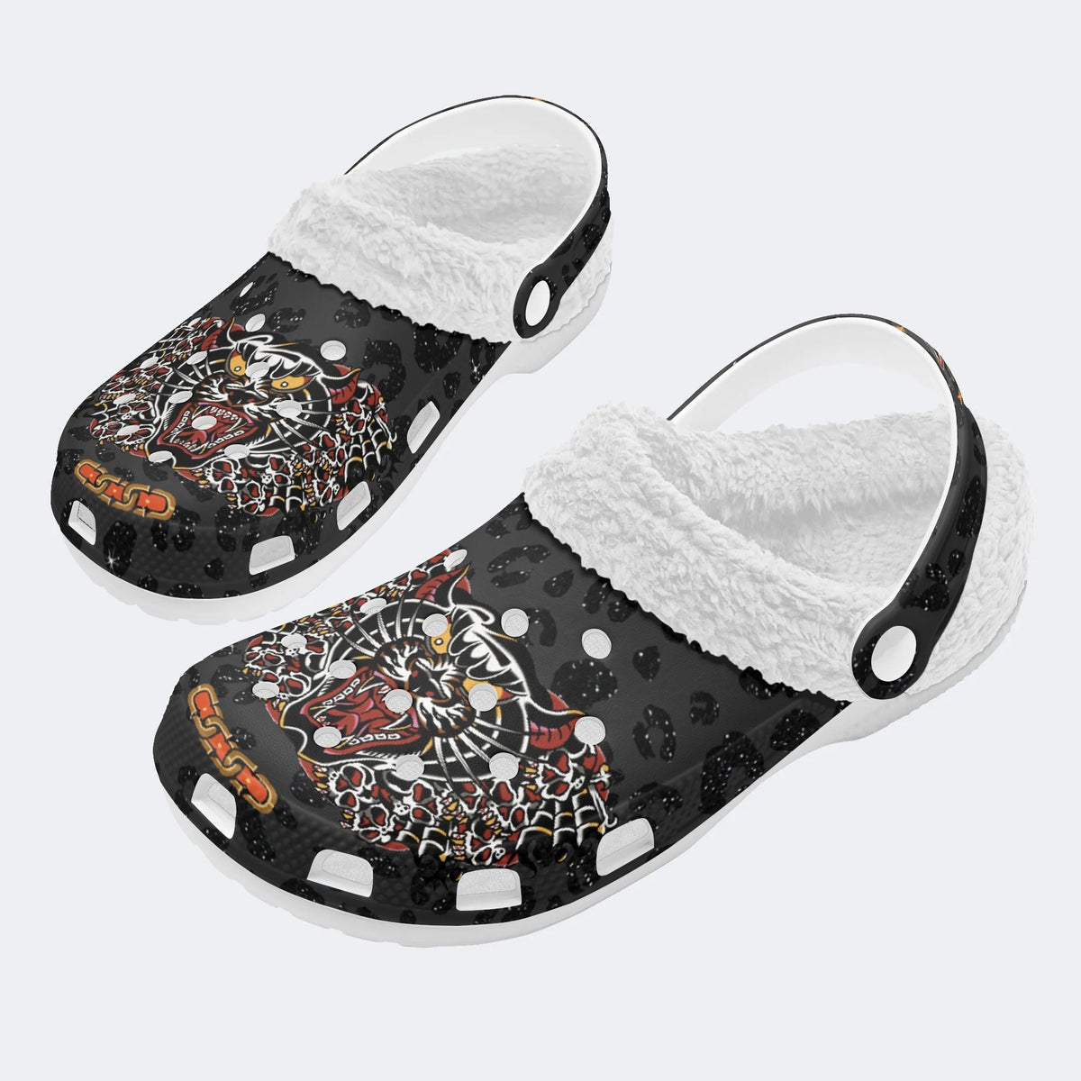 Classic Panther & Skull Print - Fur Lined Slippers/Sandals