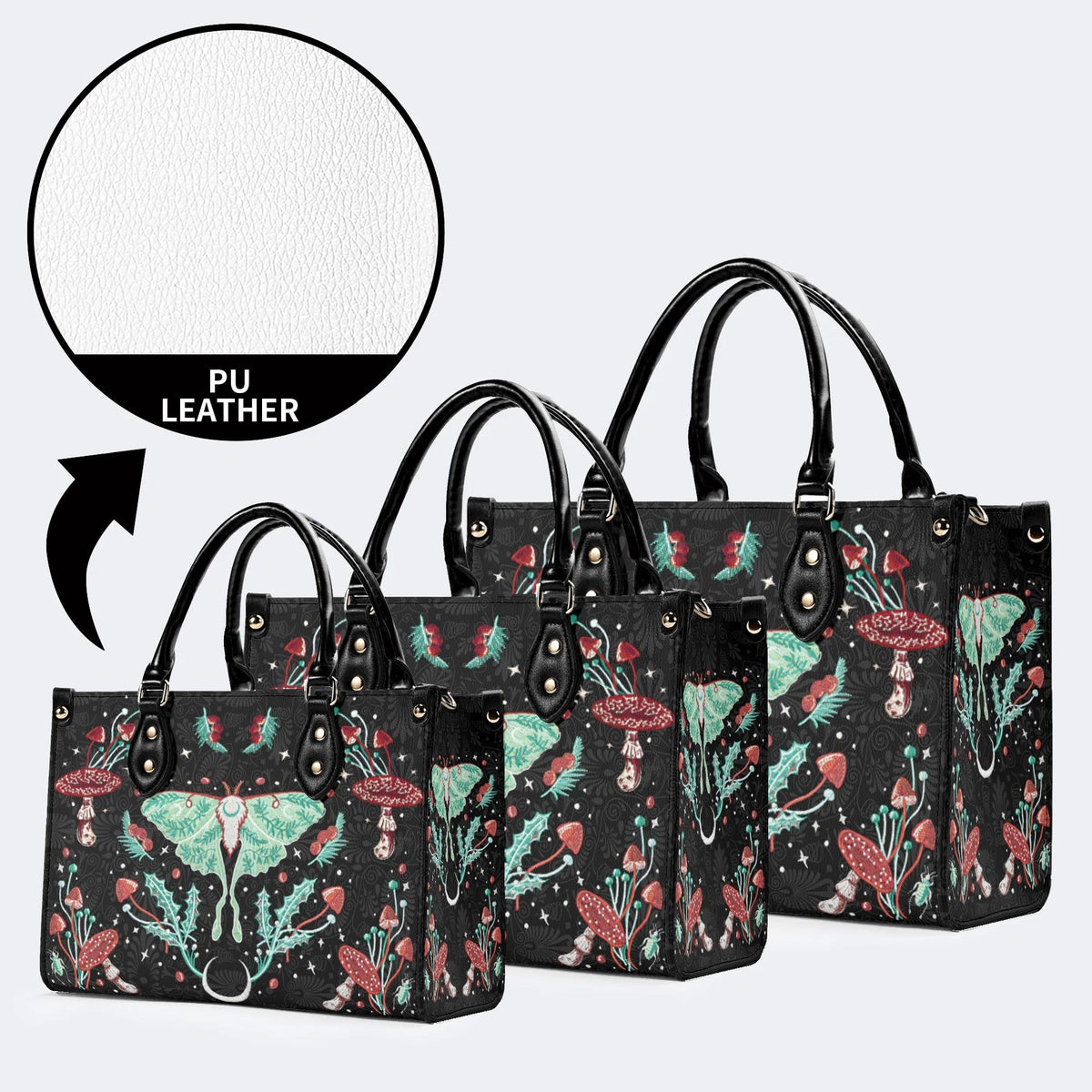 Green Moth In Mushroom Bush - Leather Handbag