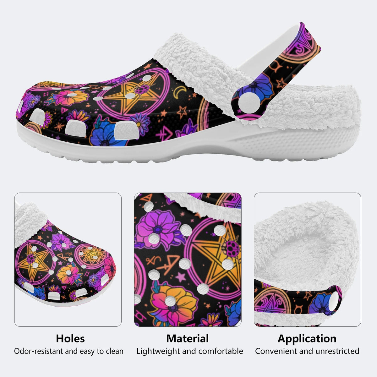 Magical Symbols&Flowers Print- Fur Lined Slippers/Sandals