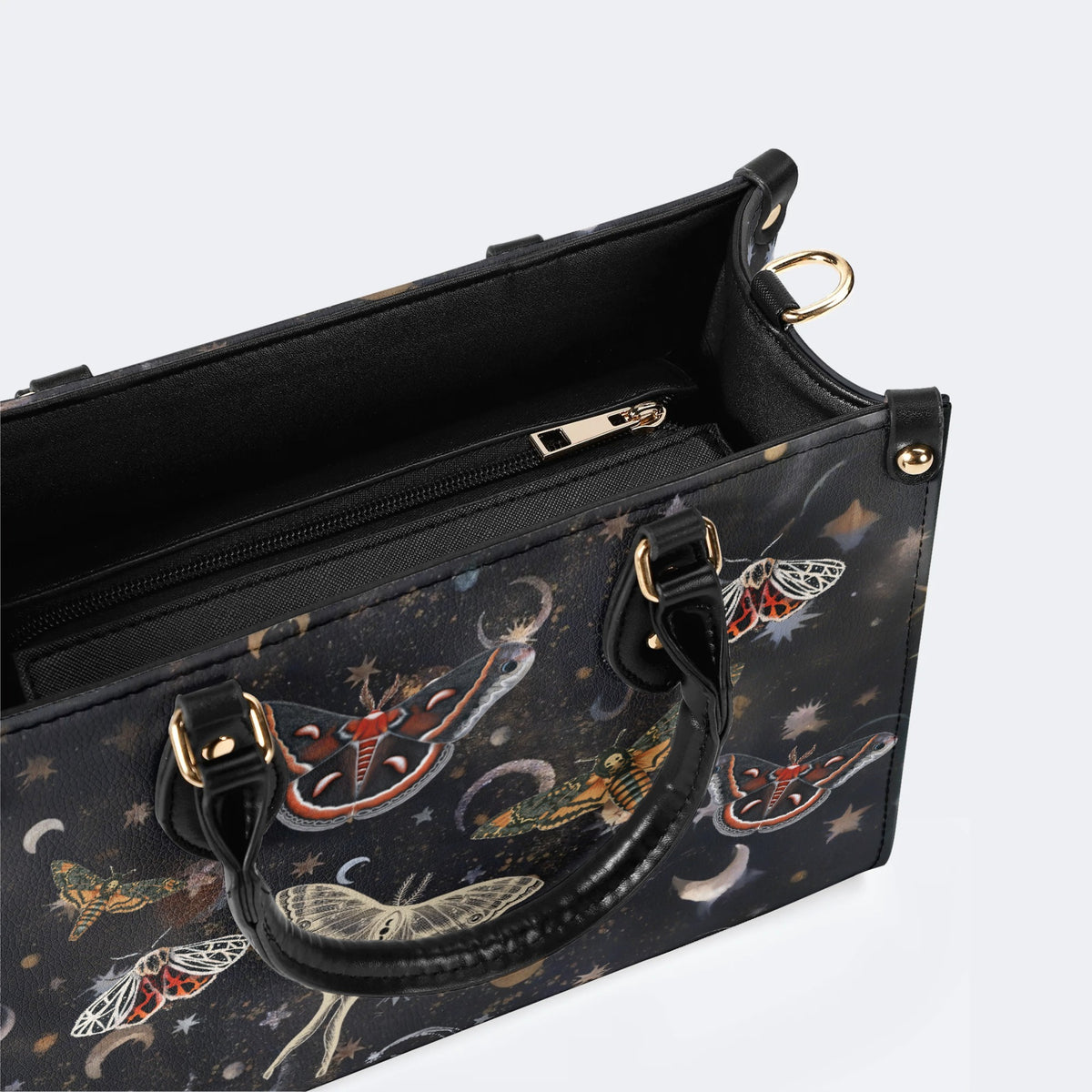 Retro Dark Moth Print - Leather Handbag