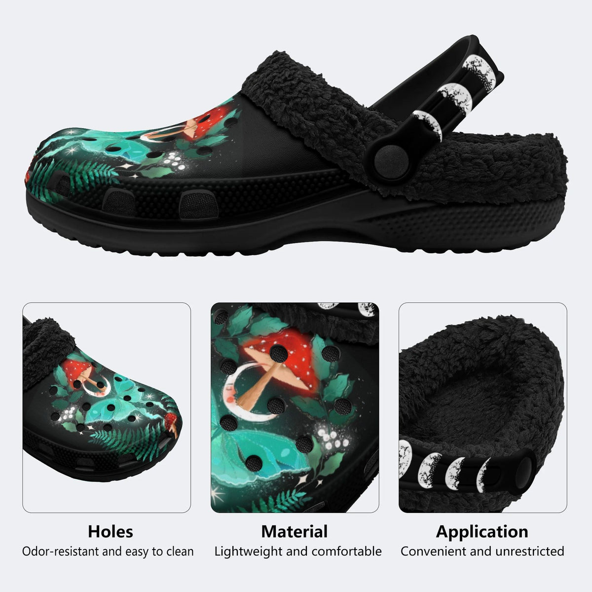 Night Sky Mushroom Butterfly Print - Removable Fur Lined Slippers/Sandals