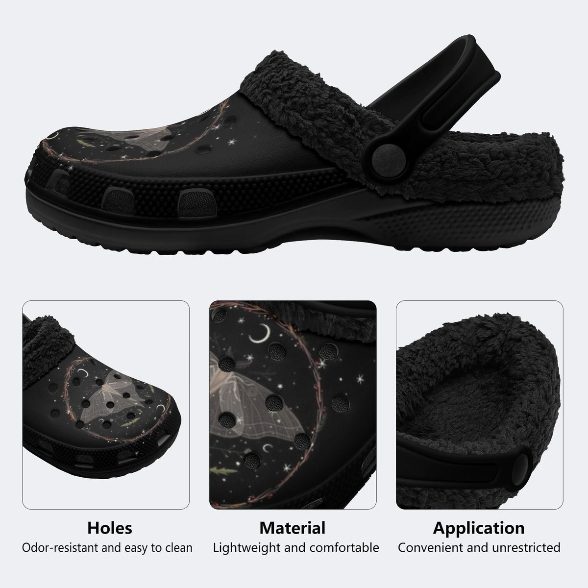 Gothic Death Moth Crescent Moon Star Wreath - Fur Lined Slippers/Sandals