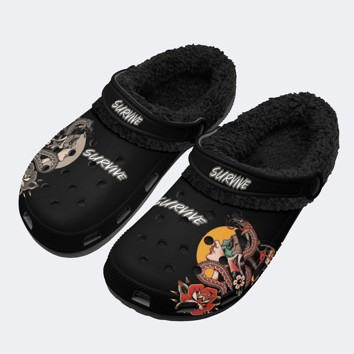 Snake&Figure&Letter&Floral Print - Fur Lined Slippers